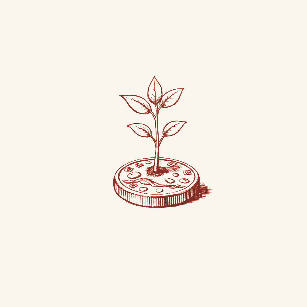 Editorial illustration: a plant sprouting from a single coin, growing on its own