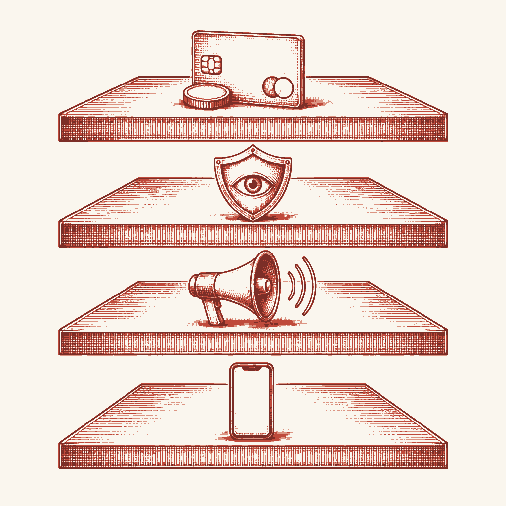 Duotone editorial illustration of stacked platform layers representing the white-label dating stack