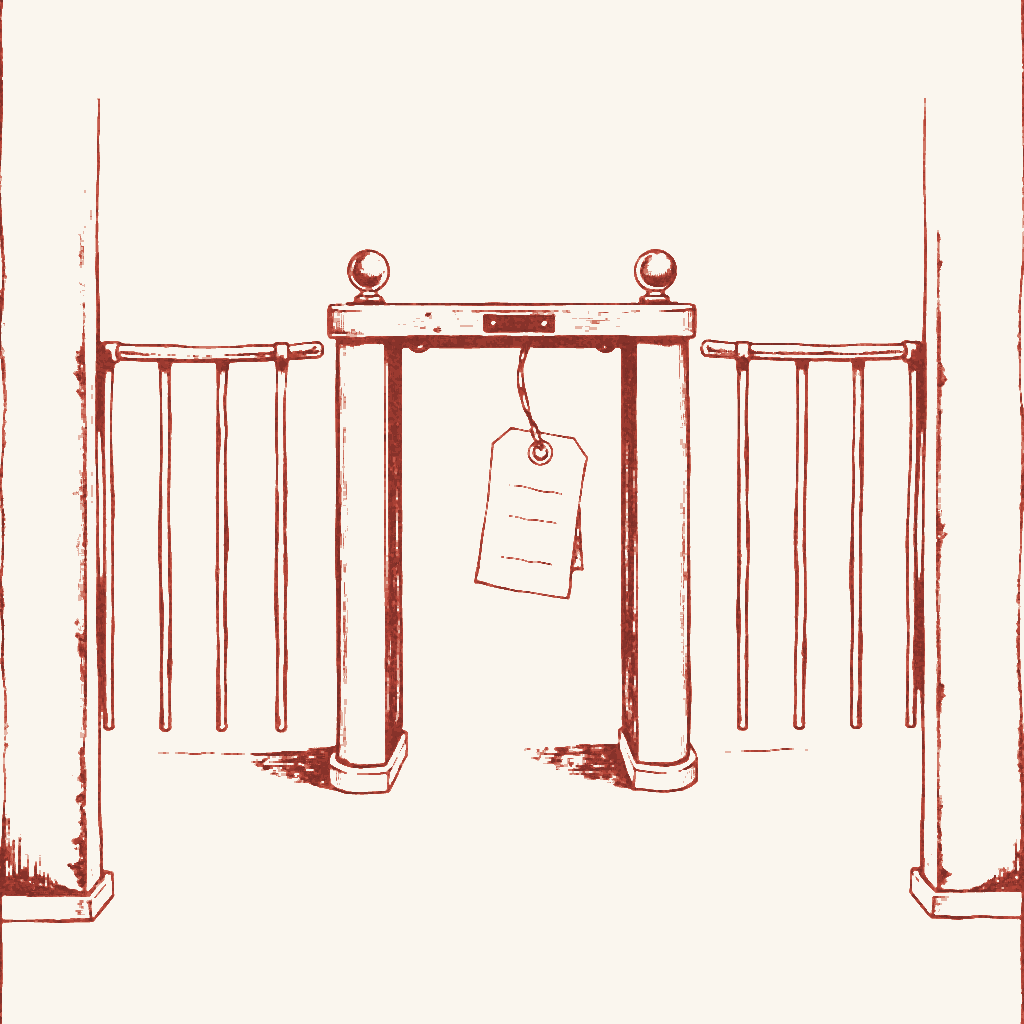 Editorial illustration: a turnstile with a maroon paper price tag tied to it, a metaphor for the paywall