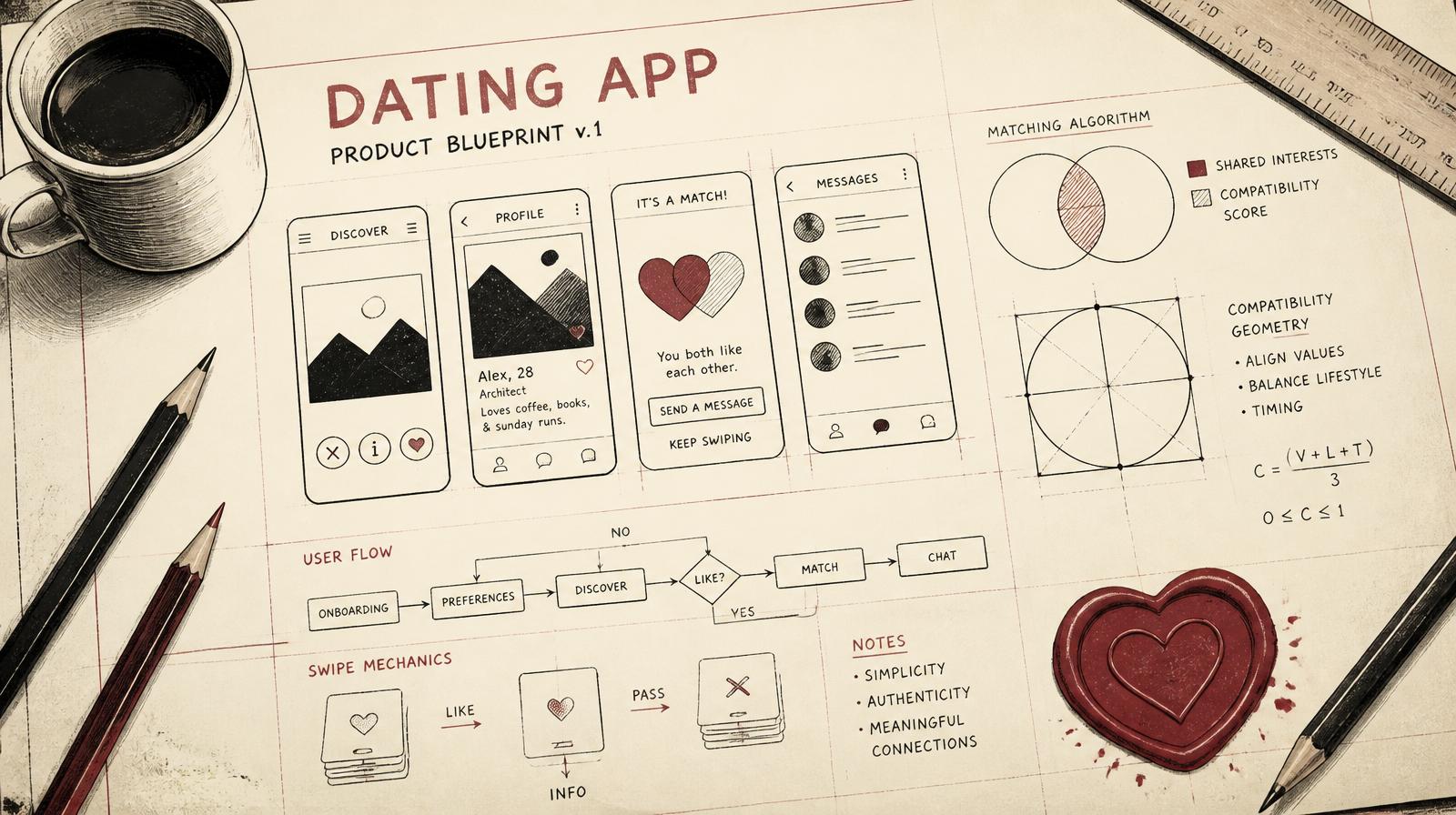 Duotone editorial illustration of a dating app product blueprint on a drafting table, with hand-drawn phone wireframes and a maroon heart-shaped wax stamp.