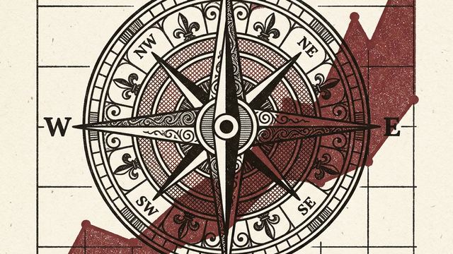 A vintage compass rose laid over a rising line chart