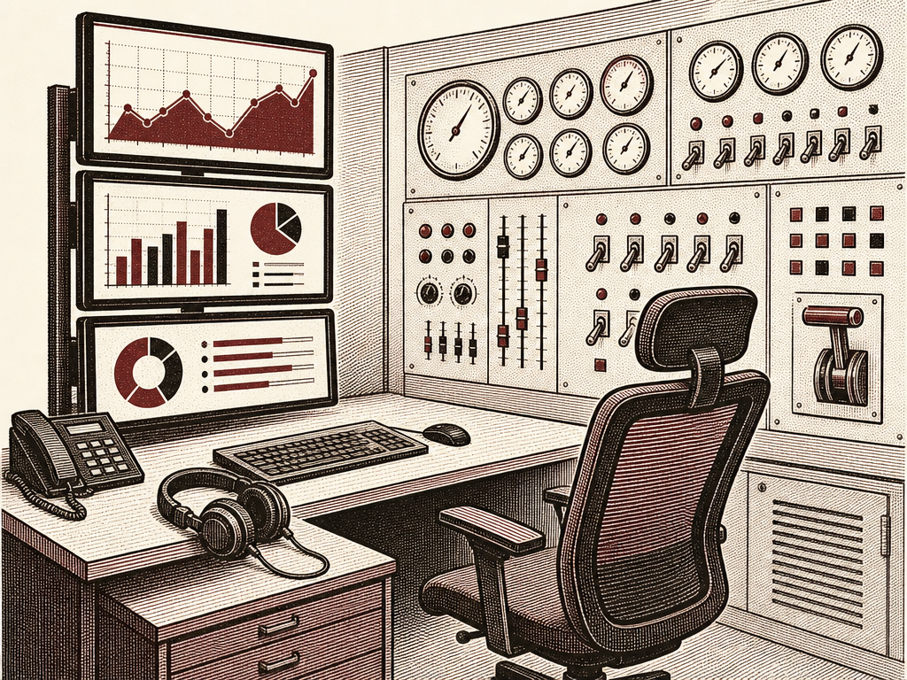 Duotone editorial illustration: a small operations control room with stacked monitors, a wall of dials and switches, and a headset on the desk