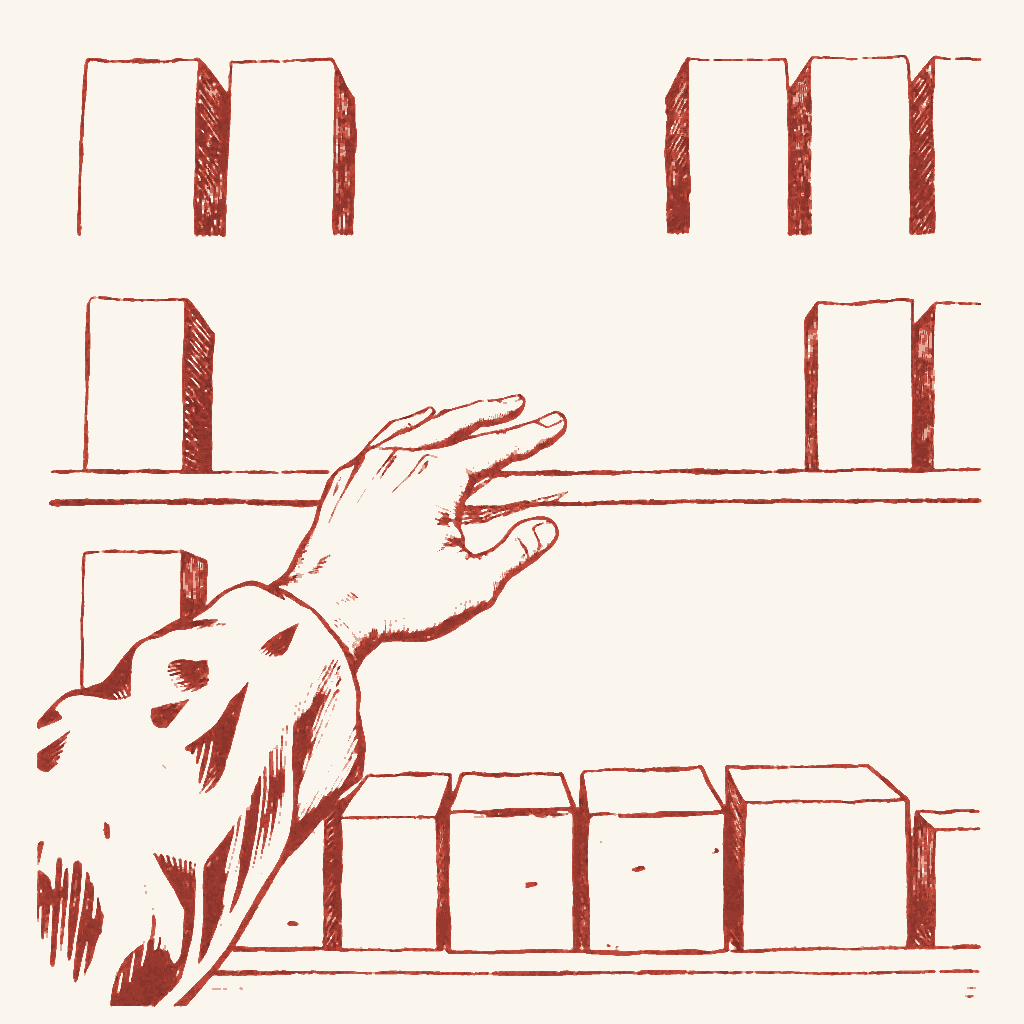 Editorial illustration: a hand choosing one block from a shelf of several blocks