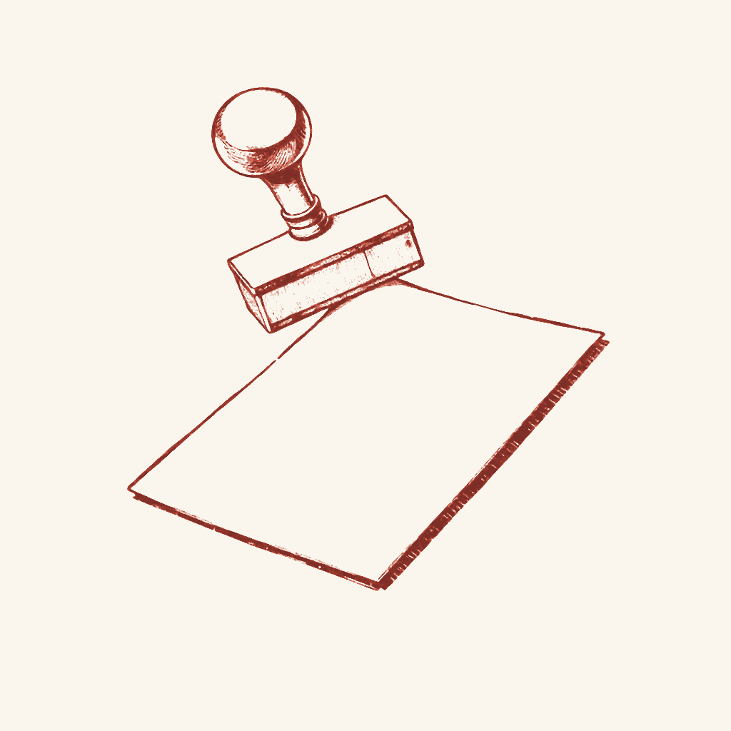 Editorial illustration: an official rubber stamp pressing onto a sheet of paper