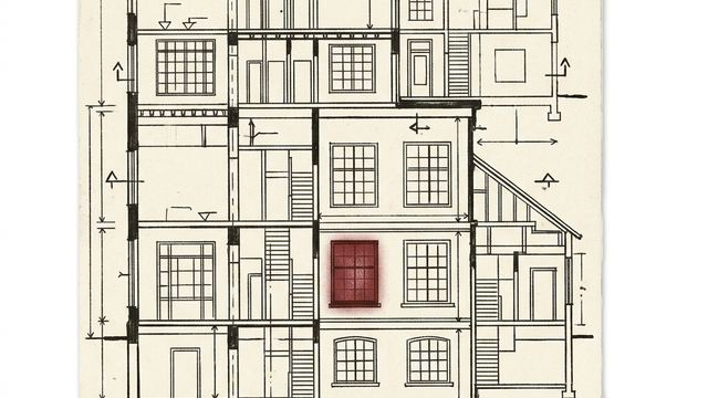 Blueprint of a building with a single lit window