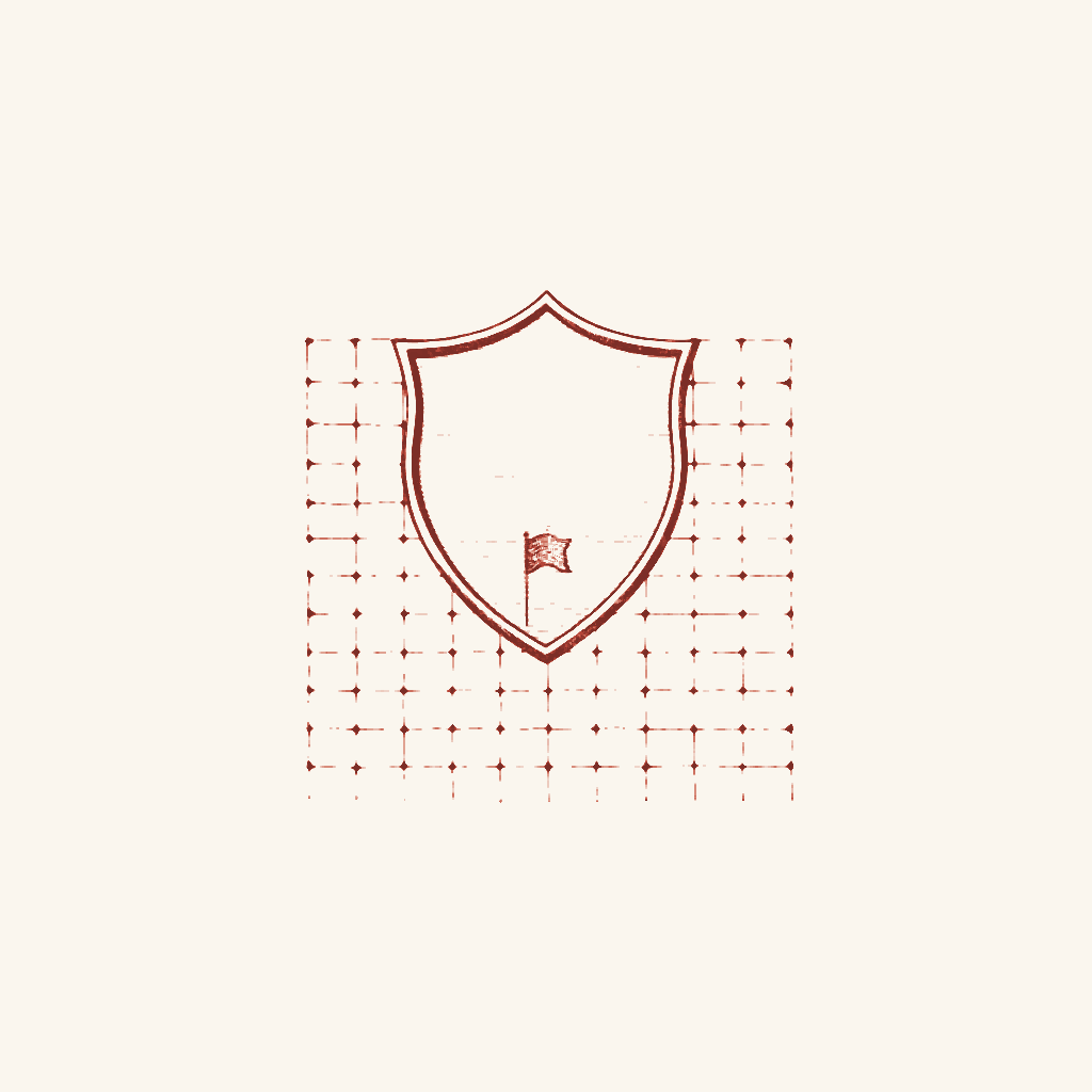 Editorial illustration: a shield over a grid, with one cell flagged