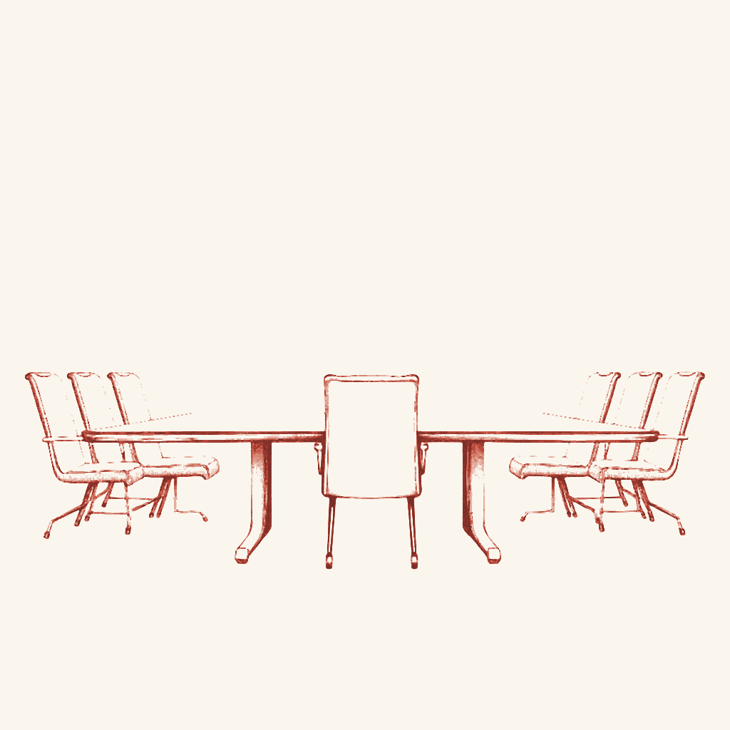 Editorial illustration: a single empty chair pulled up to a boardroom table
