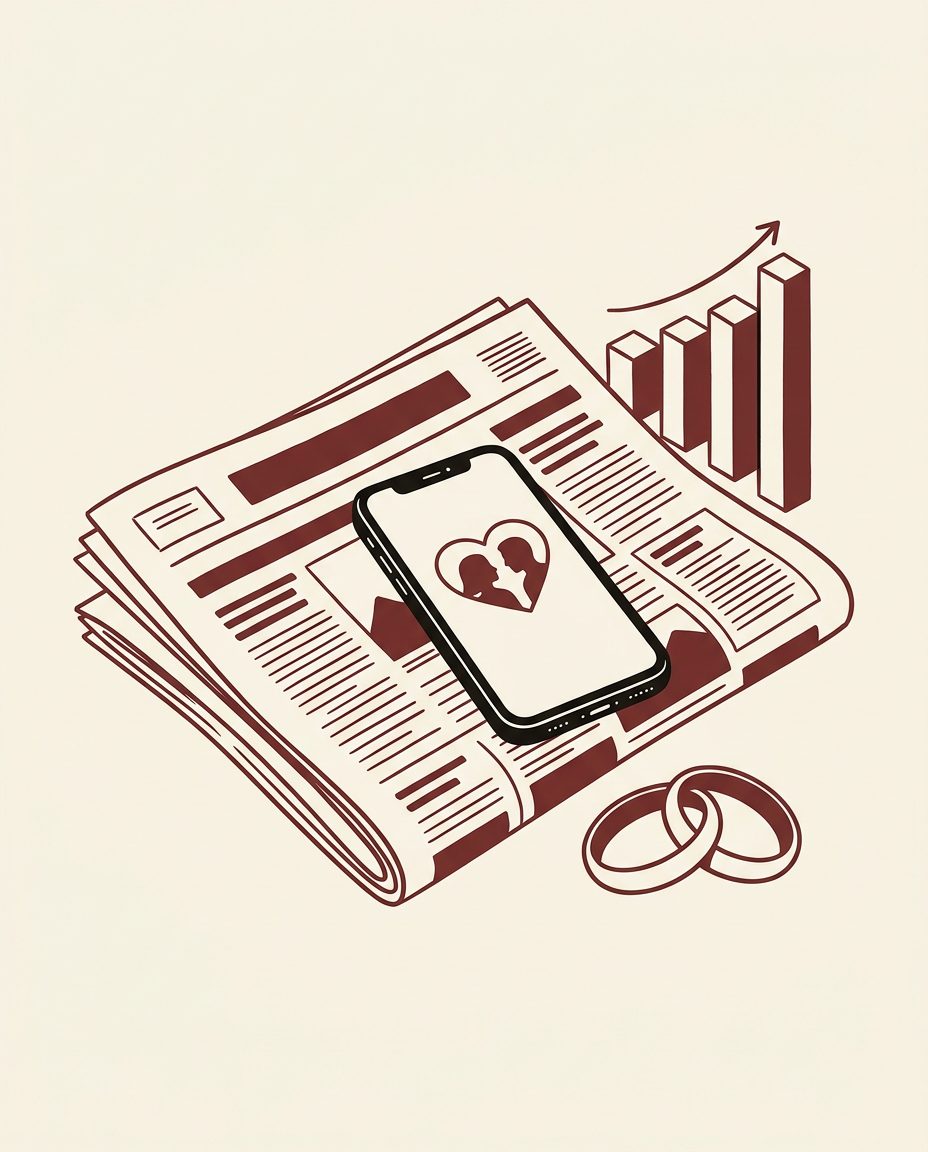 Editorial duotone still-life: a folded broadsheet newspaper, a smartphone with a simple dating-app silhouette, a rising bar chart, and two interlocking rings