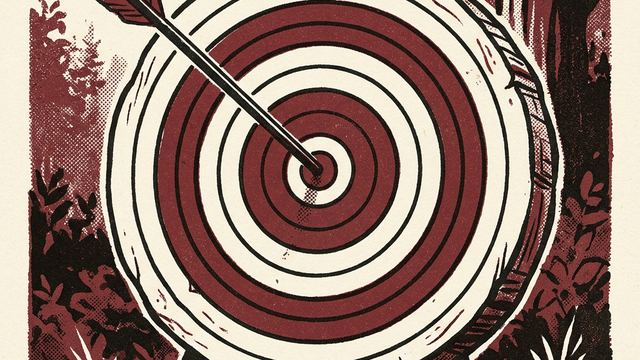 An archery target with a single arrow in the bullseye