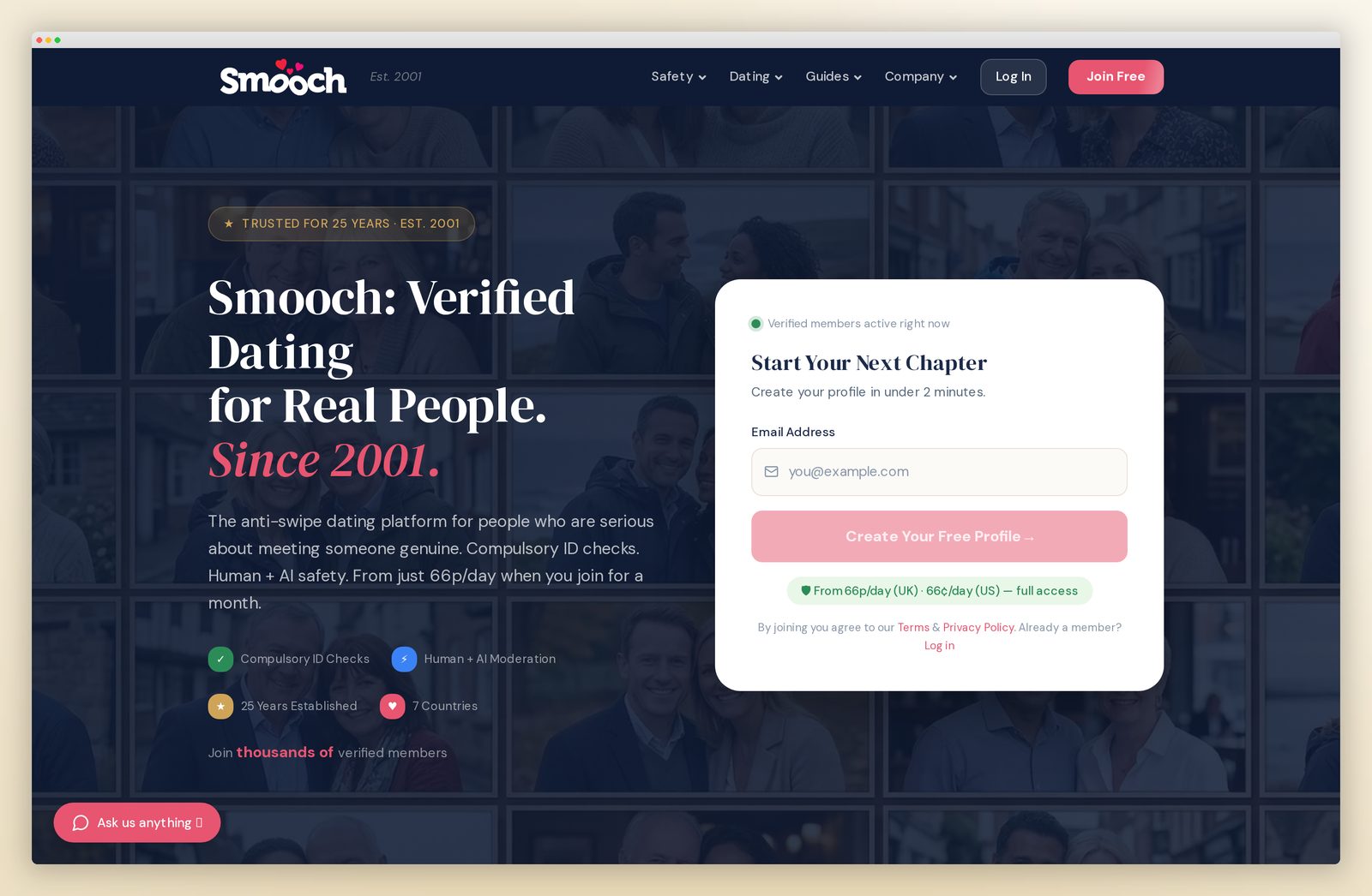 Smooch homepage: Verified Dating for Real People, Since 2001, with a sign up panel beside a grid of member portraits