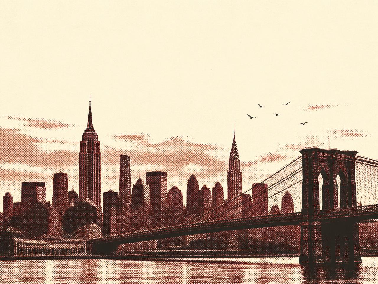 Editorial duotone illustration of the New York City skyline with the Brooklyn Bridge in cream and maroon