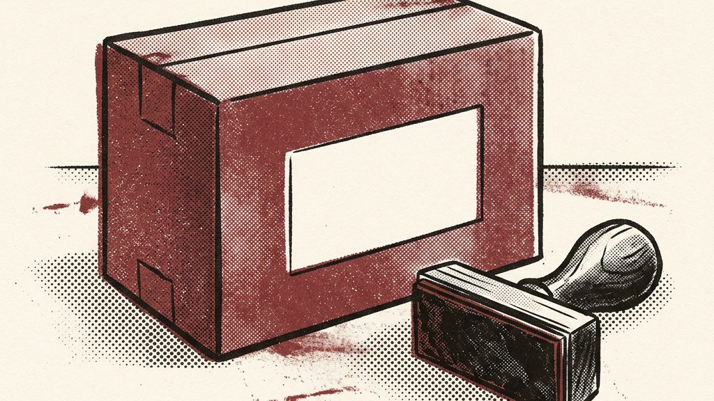 A plain unbranded product box with a blank label and a stamp beside it