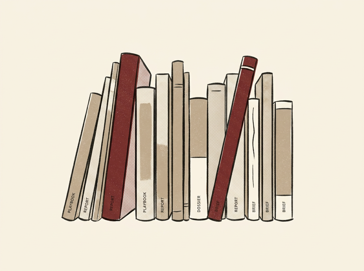 Editorial illustration: a row of stacked publications representing the Operator Library