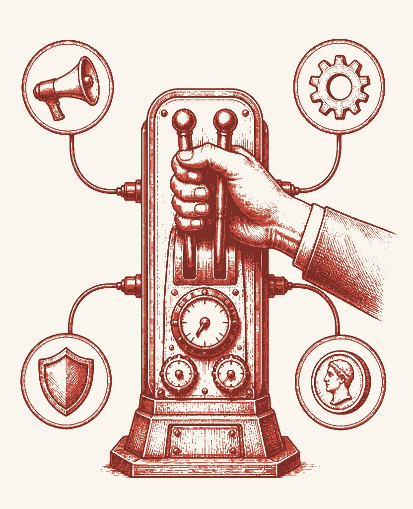 Duotone editorial illustration of operator levers and dials representing fractional executive services