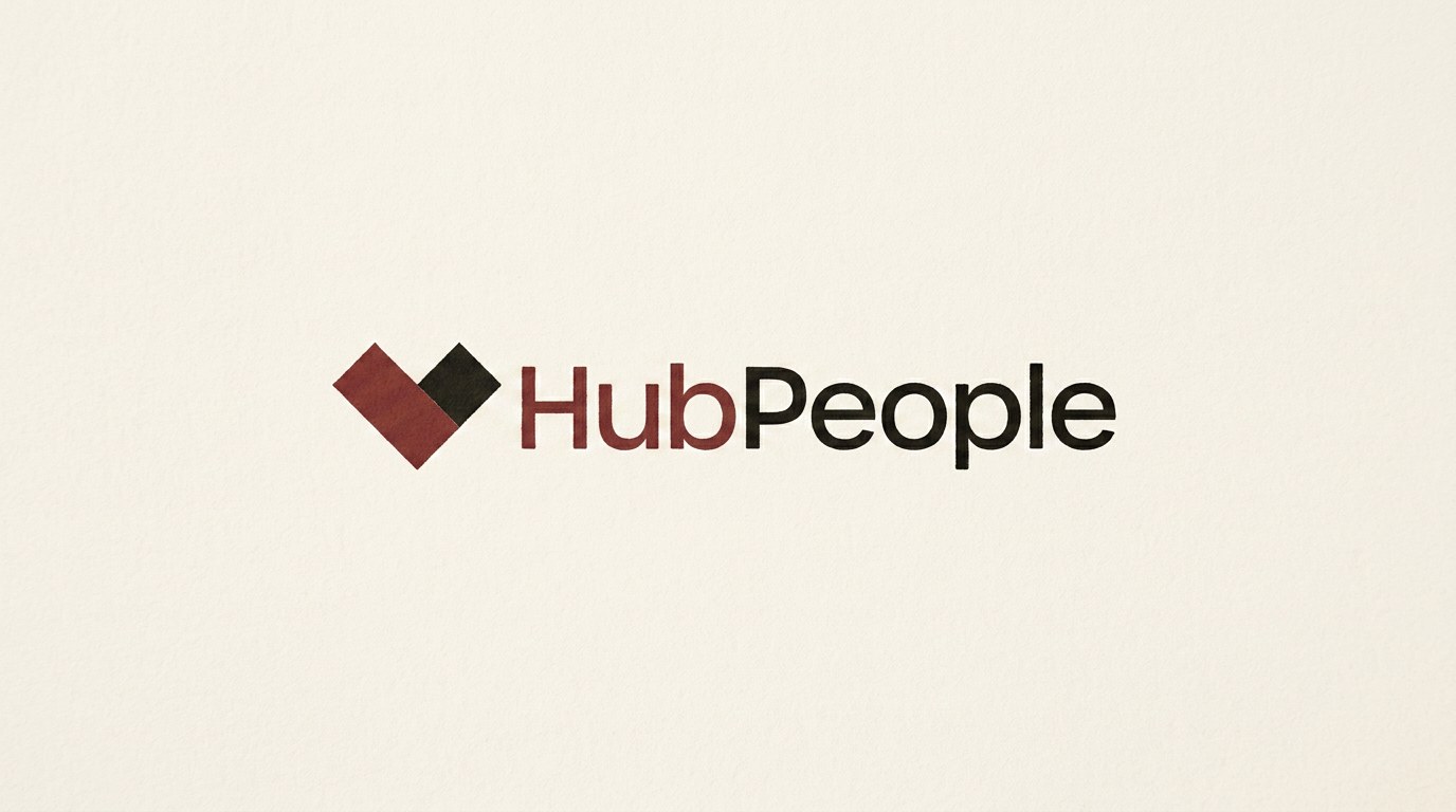 HubPeople logo rendered in duotone cream, maroon and charcoal.
