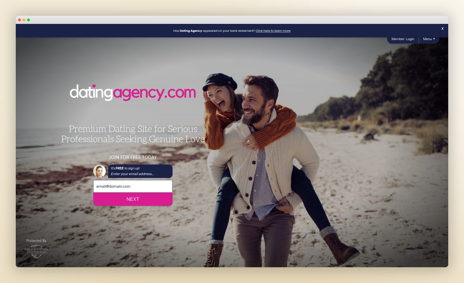 DatingAgency.com homepage: Premium Dating Site for Serious Professionals Seeking Genuine Love, with a Join For Free panel