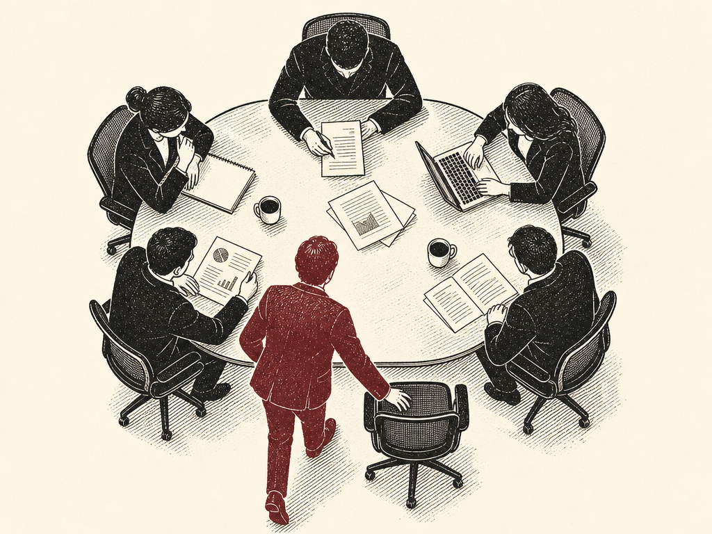 Duotone editorial illustration: a maroon figure stepping into an empty chair at a meeting table of charcoal silhouettes