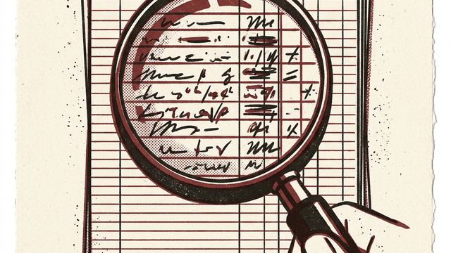 A magnifying glass held over a stack of ledger papers