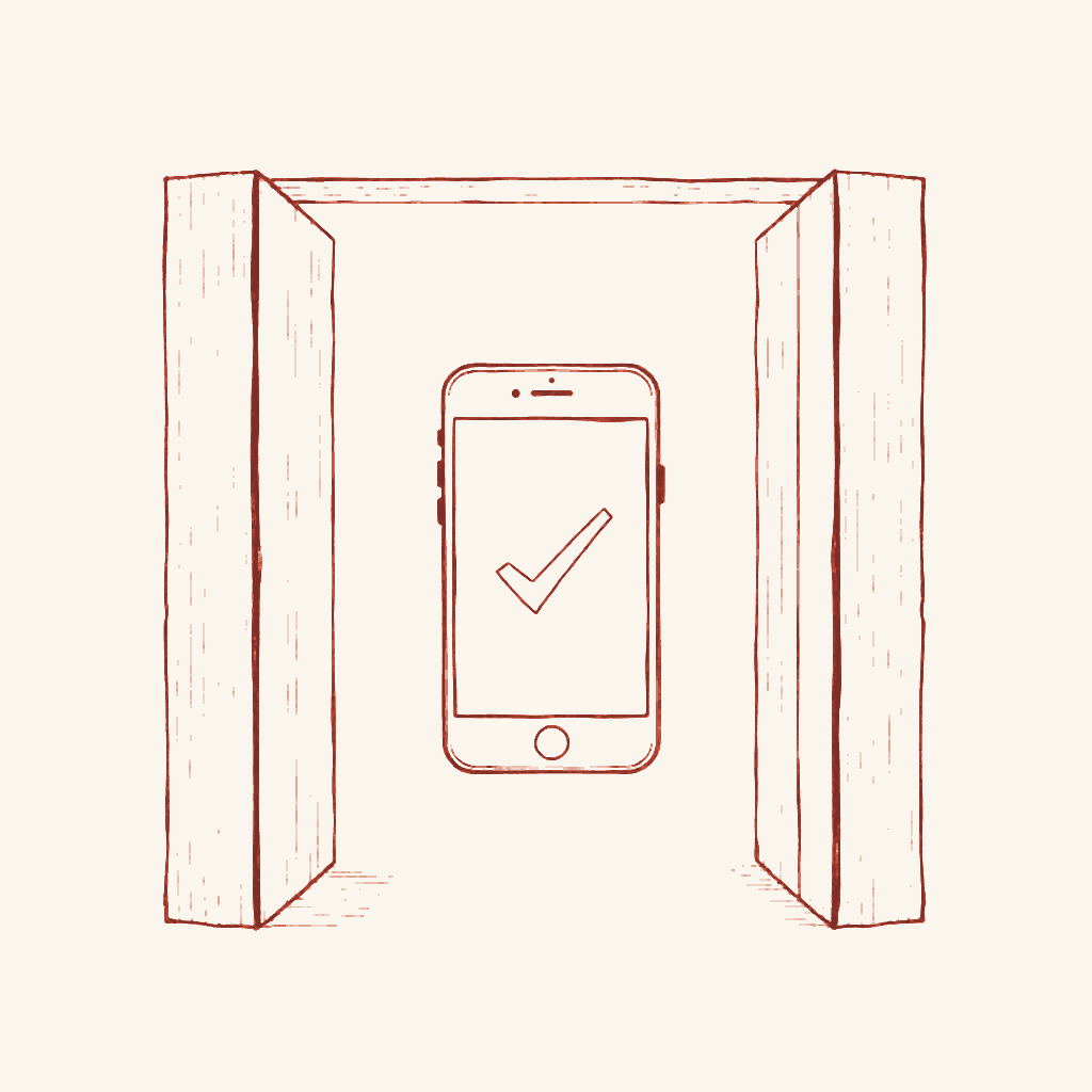 A smartphone passing through a gate marked with a checkmark, symbolising App Store approval