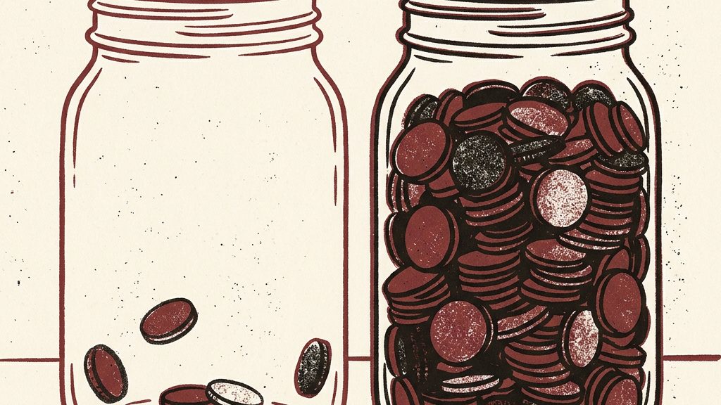 Two glass jars side by side, one nearly empty and one nearly full of coins