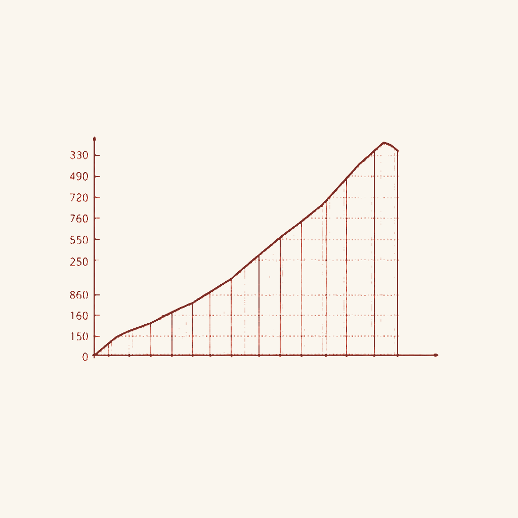 Editorial illustration: a rising cohort curve drawn across a ruled ledger page