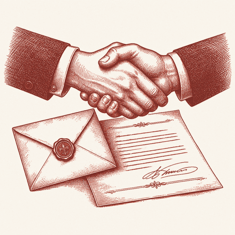 Editorial clay illustration: a sealed envelope beside a handshake over a sheet of paper