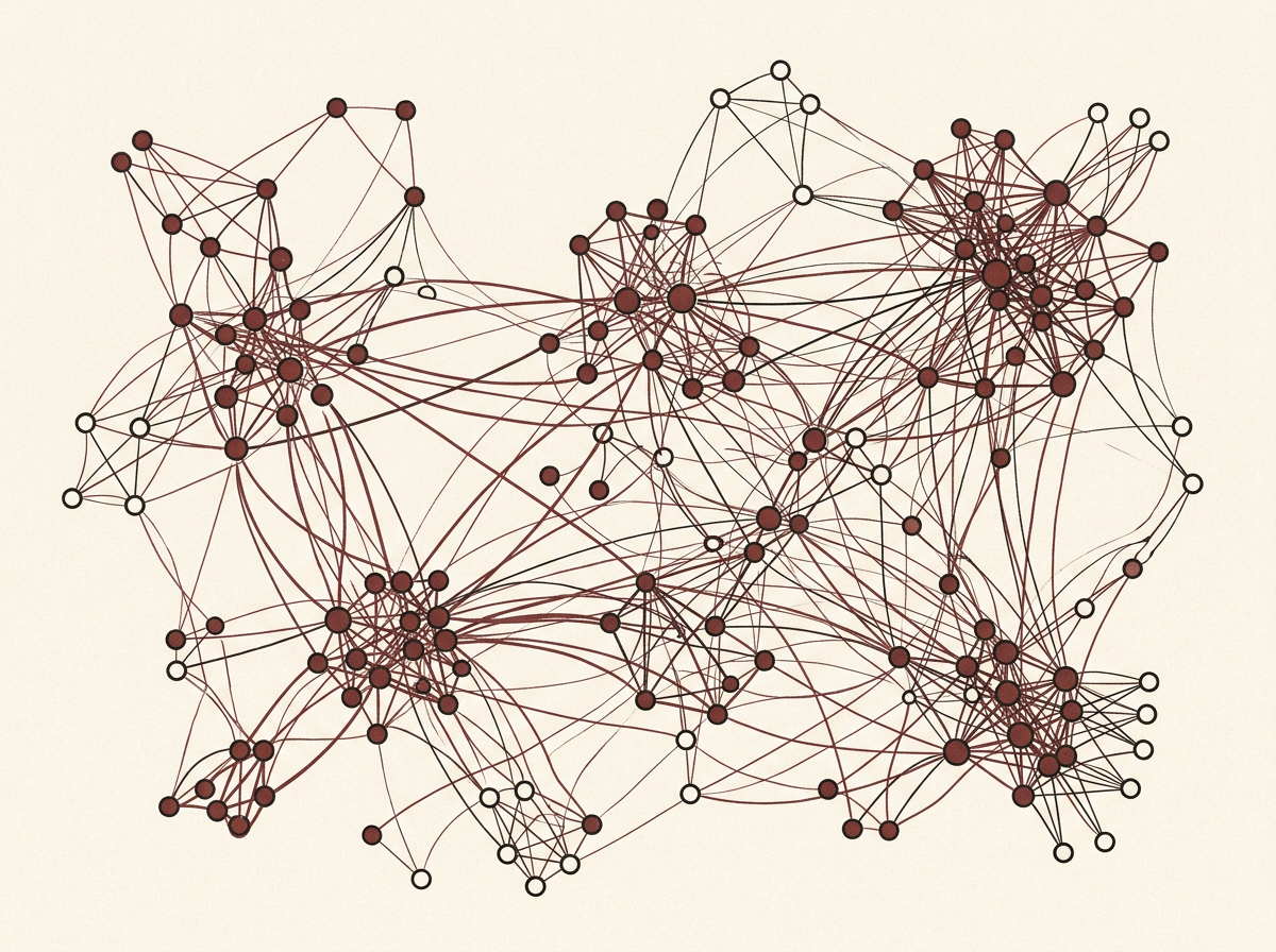 Duotone editorial illustration of a dense network of connected nodes, signalling a live dating community from day one