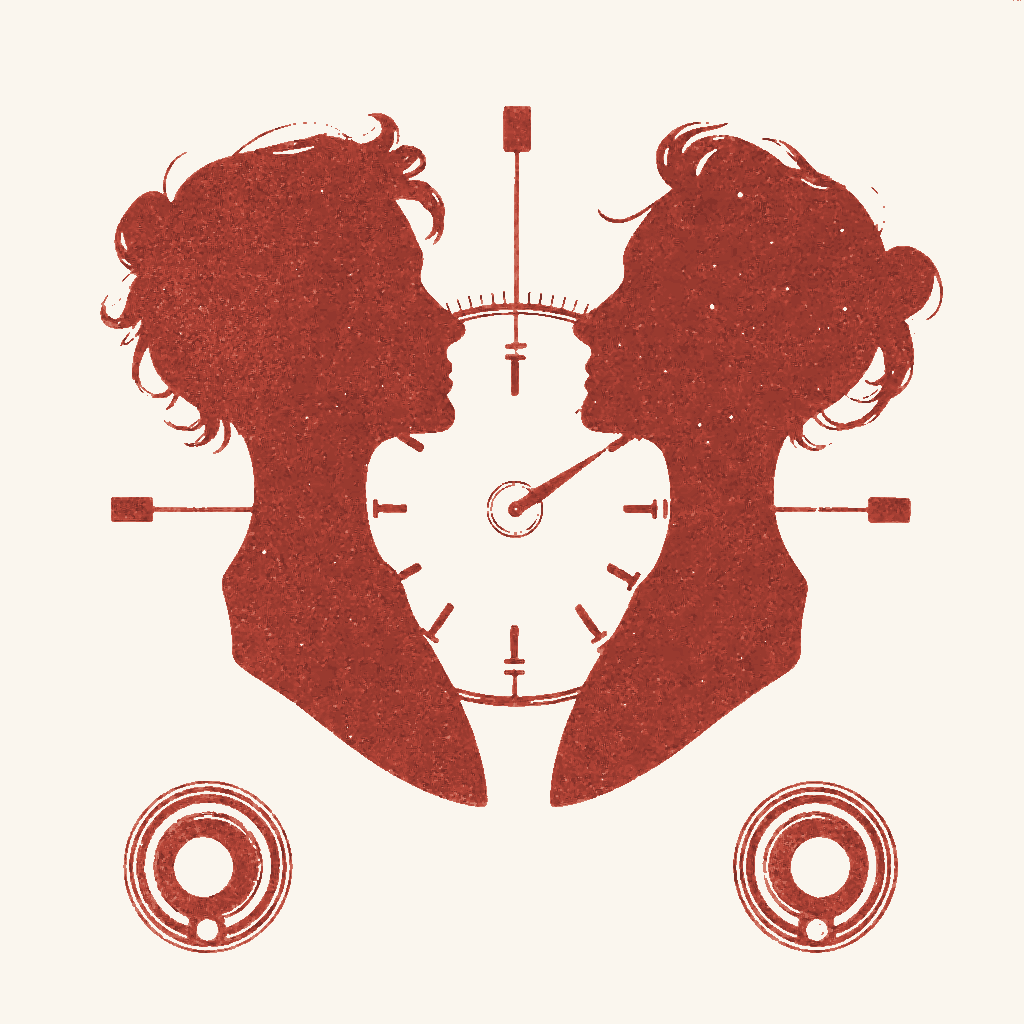 Editorial illustration: a tuning dial bringing two profile silhouettes into alignment