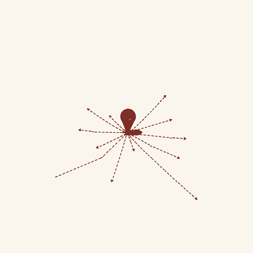 Editorial illustration: several dotted paths converging onto a single map pin