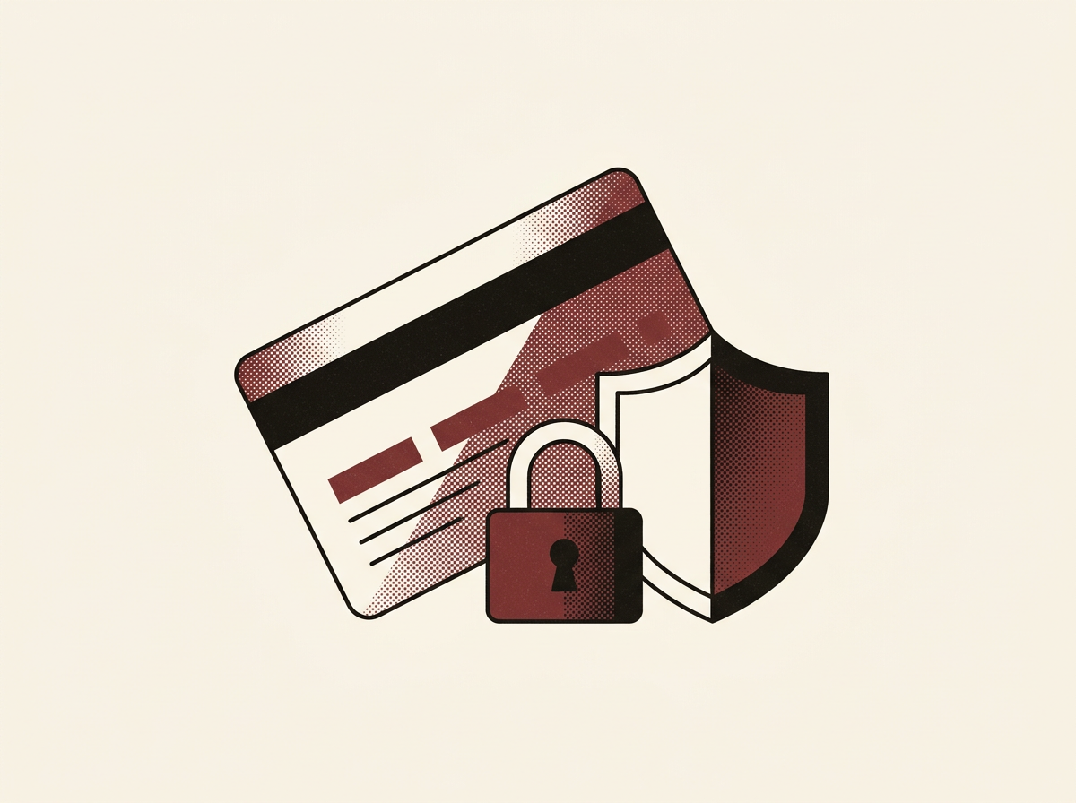Duotone editorial illustration of a credit card with a padlock and shield, signalling payments that hold
