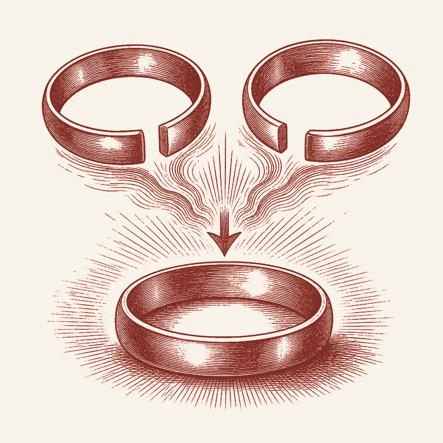 Editorial clay illustration: two separate rings merging into one solid ring