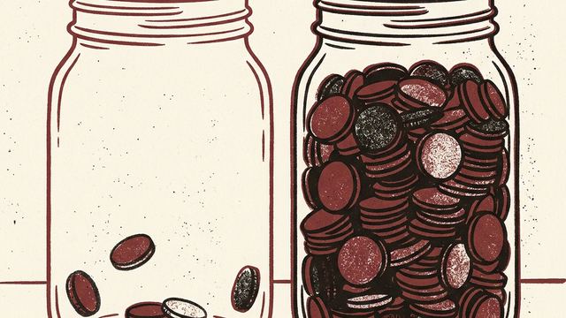 Two glass jars side by side, one nearly empty and one nearly full of coins