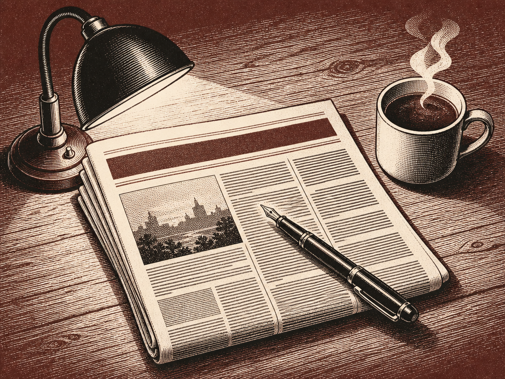 Duotone editorial illustration of a folded broadsheet newspaper, the cover story of the High Intent newsroom