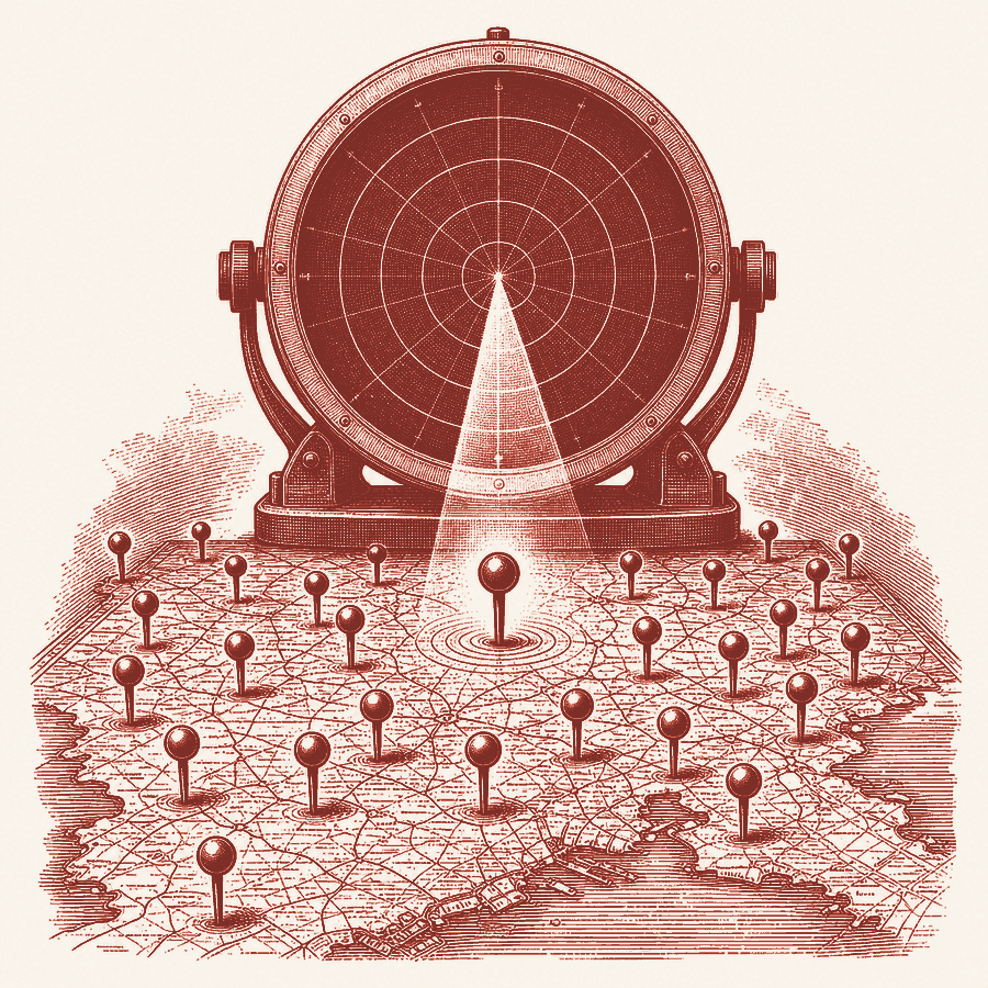 Editorial clay illustration: a radar sweep landing on a single pin among many scattered pins on a map