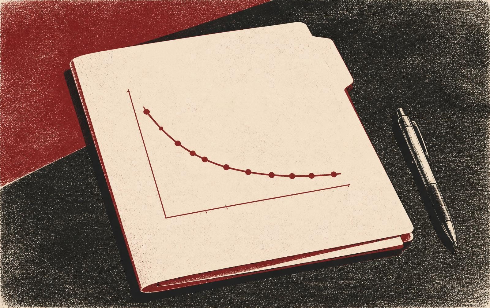 Editorial duotone illustration of a document folder with a retention cohort curve drawn on the cover and a pen beside it. Clay red and charcoal on cream paper.