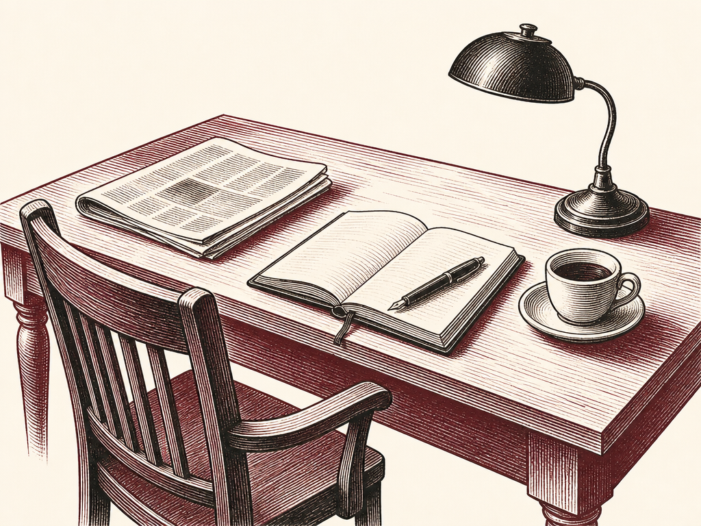 Duotone editorial illustration: an advisor's desk with a single chair, folded newspaper, open notebook with fountain pen, and coffee cup