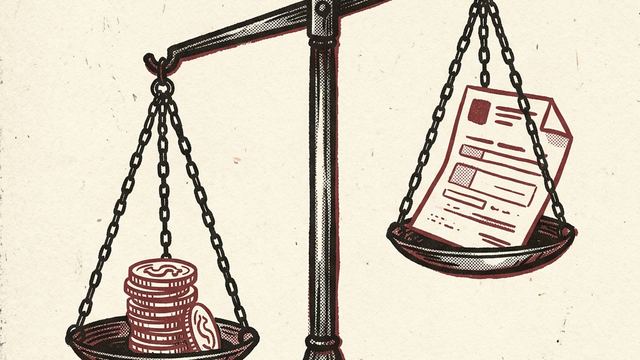An old balance scale weighing coins against a paper subscription form
