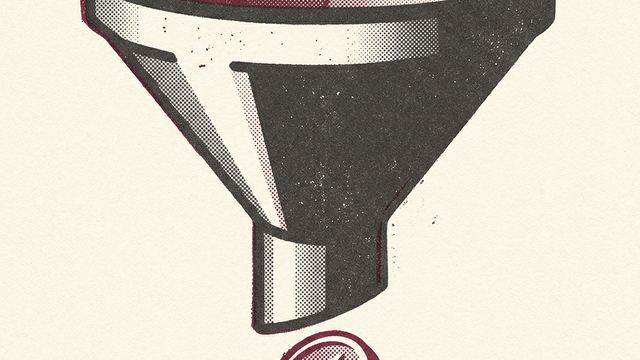 A wide funnel with a single coin dropping out of the bottom