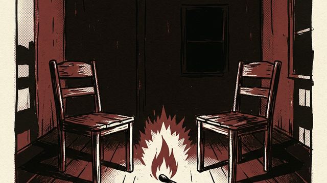 A struck match lighting an empty room with two facing chairs
