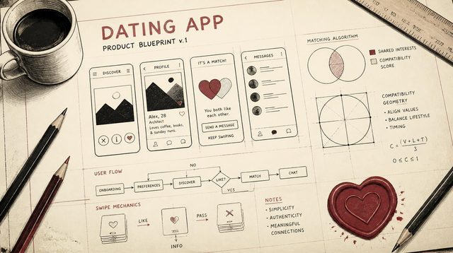Duotone editorial illustration of a dating app product blueprint on a drafting table, with hand-drawn phone wireframes and a maroon heart-shaped wax stamp.
