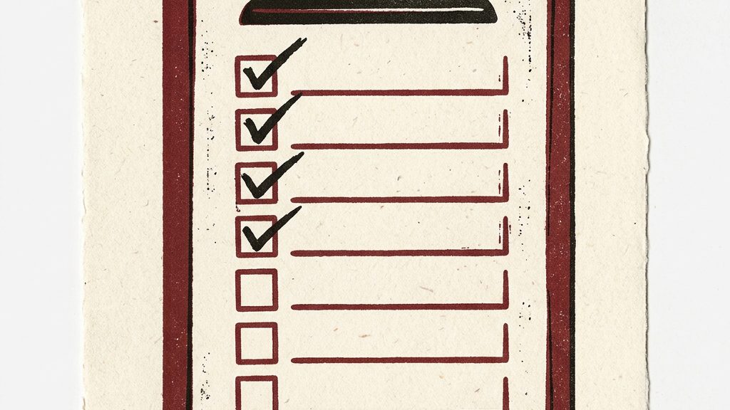 A clipboard holding a checklist with several ticked boxes