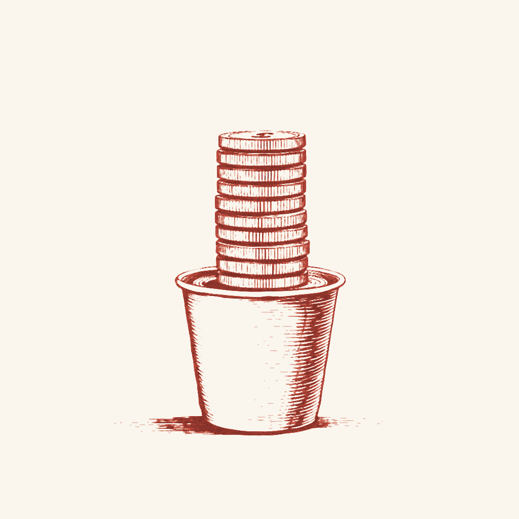 Editorial illustration: a stack of credit tokens rising out of a paper cup
