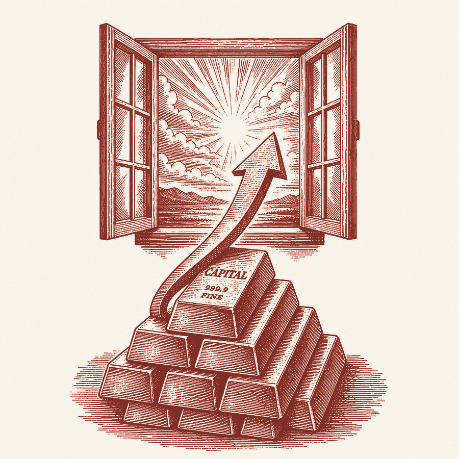 Editorial clay illustration: a stack of capital bars with an arrow rising toward an open window