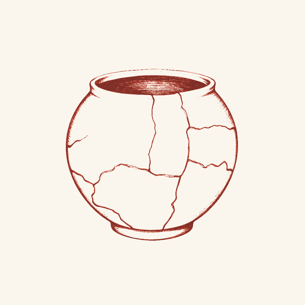 Editorial illustration: a cracked vessel patched with maroon stitches, a metaphor for retention
